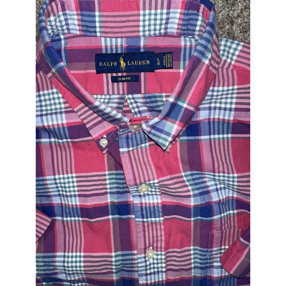 Polo Ralph Lauren Mens Large Slim Fit Short Sleeve Plaid‎ Button Up Shirt Cotton - Picture 3 of 8